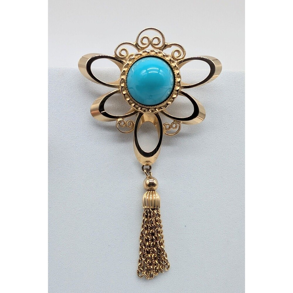 Gold Tone Filigree Brooch Pin Faux Turquoise Cabochon Dangle Chain Tassel